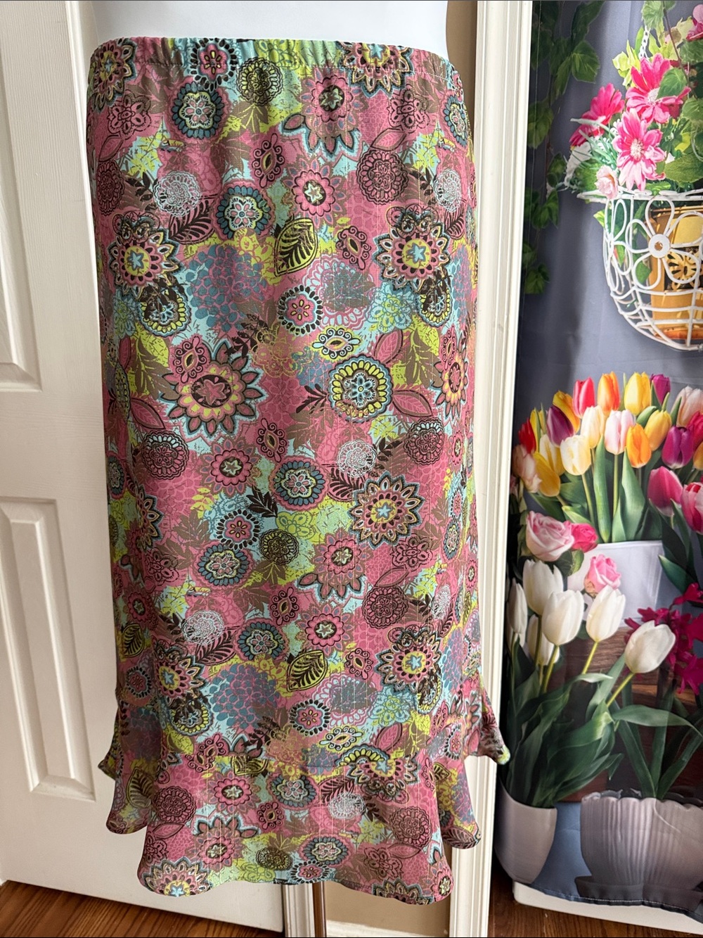 Floral Print Pink Multi Ruffle Hem Skirt